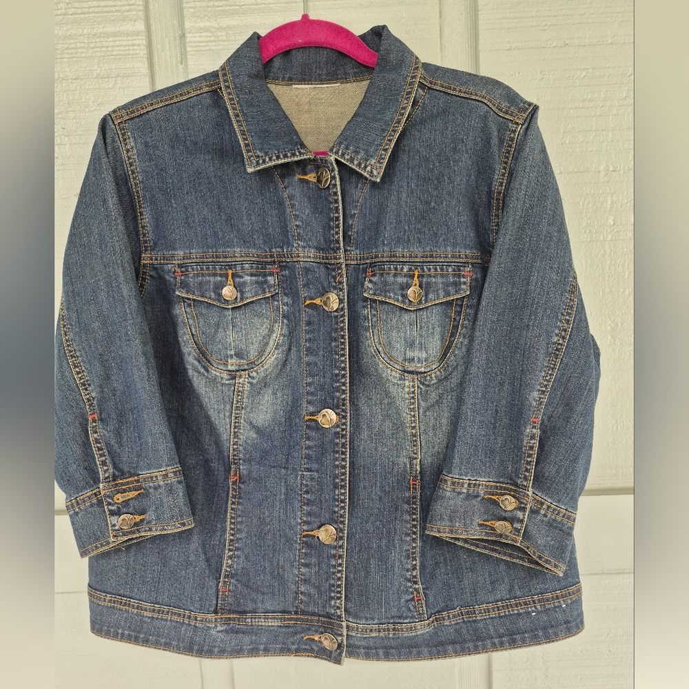Y2K Fashion Bug Crop Blue Jean Jacket 3/4 Sleeves Button Up Pockets  M/L Hippie